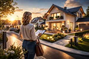 une femme qui génère un complément de revenu dans l'immobilier et regarde une maison