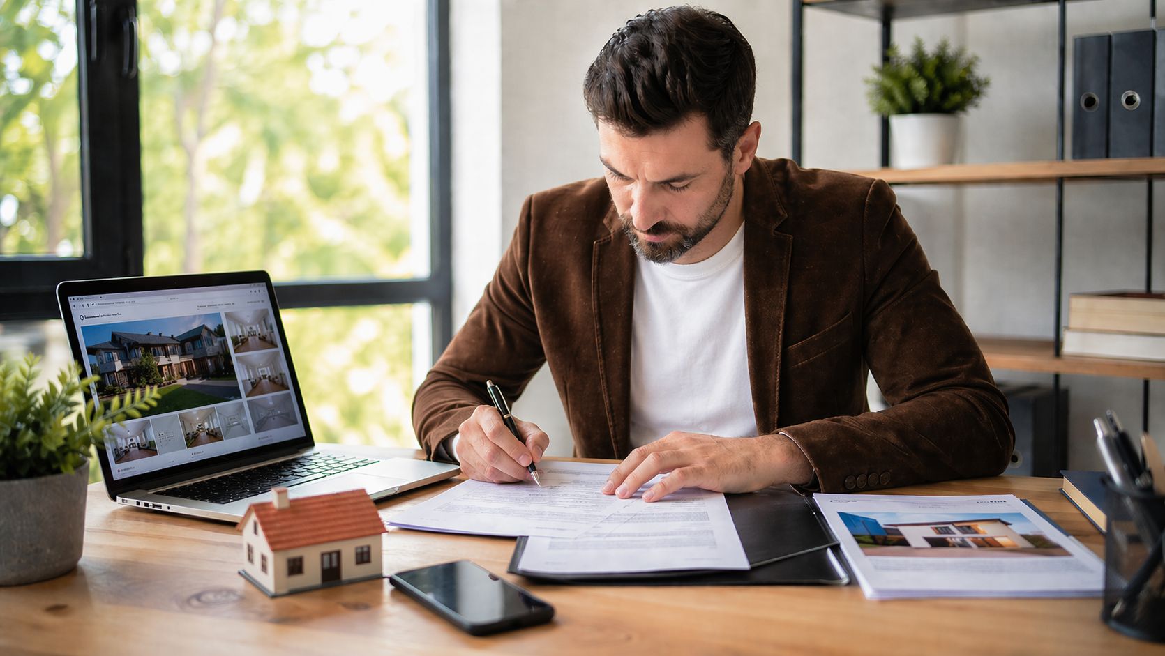 un auto-entrepreneur immobilier assis à son bureau