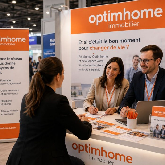 une candidate en recherche d'emploi immobilier au stand de recrutement Optimhome
