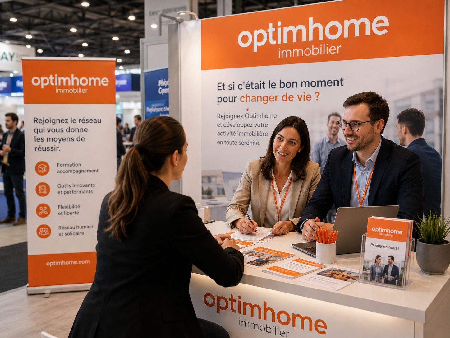 une candidate en recherche d'emploi immobilier au stand de recrutement Optimhome
